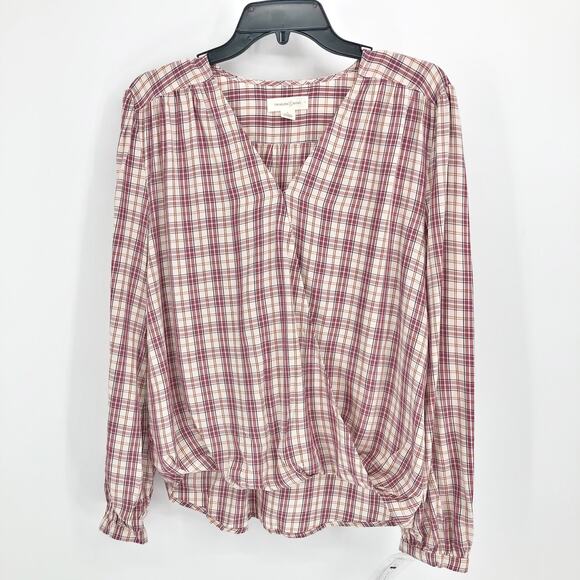 Treasure & Bond Womens Blouse Small Red Plaid Long Sleeve Surplice Pleated NWT - Picture 2 of 10
